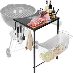 Adjustable Height Grill Side Work Table with Tool Hooks for 22/26 Inch Charcoal Kettle Grills and Smokers, Heavy Duty Steel Prep Table Adjustable Height Grill Side Work Table with Tool Hooks for 22/26 Inch Charcoal Kettle Grills and Smokers, Heavy Duty Steel Prep Table