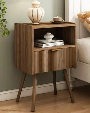 Modern Walnut Brown Nightstand, Bedside Table with Storage Drawer & Open Wood Shelf, Solid Wood Legs Accent Side Table, Easy Assembly for Bedroom Living Room Small Spaces Modern Walnut Brown Nightstand, Bedside Table with Storage Drawer & Open Wood Shelf, Solid Wood Legs Accent Side Table, Easy Assembly for Bedroom Living Room Small Spaces