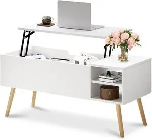 40 Inch Lift Top Coffee Table White Mid-Century Modern Center Table with Solid Wood Legs Hidden Storage Compartment and Open Shelves Height Adjustable Tabletop for Living Room Indoor Home Decor 40 Inch Lift Top Coffee Table White Mid-Century Modern Center Table with Solid Wood Legs Hidden Storage Compartment and Open Shelves Height Adjustable Tabletop for Living Room Indoor Home Decor