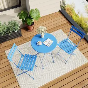 3 Piece Folding Bistro Table and Chairs Set, Sturdy Metal Frame Waterproof UV Resistant Patio Furniture, No Assembly Portable Foldable Dining Set for Indoor Outdoor Balcony Yard Garden, Blue 3 Piece Folding Bistro Table and Chairs Set, Sturdy Metal Frame Waterproof UV Resistant Patio Furniture, No Assembly Portable Foldable Dining Set for Indoor Outdoor Balcony Yard Garden, Blue