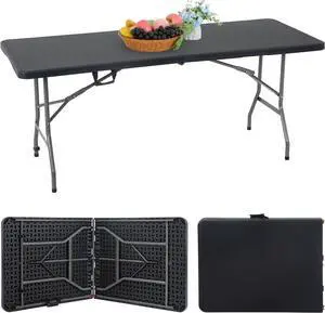 6FT Fold-in-Half Portable Folding Table, 71" L x 29" W, Stain Resistant Plastic Top with Carry Handle, for Indoor Outdoor Parties Backyard Events 6FT Fold-in-Half Portable Folding Table, 71" L x 29" W, Stain Resistant Plastic Top with Carry Handle, for Indoor Outdoor Parties Backyard Events