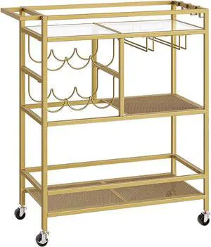 3-Tier Rolling Bar Cart with Wheels and Handle, Modern Serving Cart with Wine Rack and Glass Holders, Mobile Beverage Cart for Kitchen Dining Room Living Room Gold Finish 3-Tier Rolling Bar Cart with Wheels and Handle, Modern Serving Cart with Wine Rack and Glass Holders, Mobile Beverage Cart for Kitchen Dining Room Living Room Gold Finish