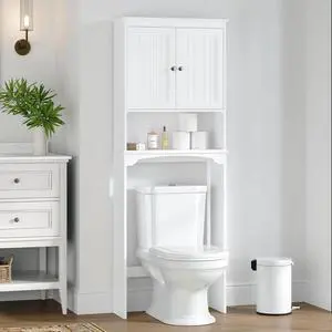White Over Toilet Storage Cabinet, Engineered Wood Bathroom Organizer with Beadboard Doors, Adjustable Inner Shelf, Open Bottom Shelf and Anti-Tip Wall Hardware Space Saver White Over Toilet Storage Cabinet, Engineered Wood Bathroom Organizer with Beadboard Doors, Adjustable Inner Shelf, Open Bottom Shelf and Anti-Tip Wall Hardware Space Saver