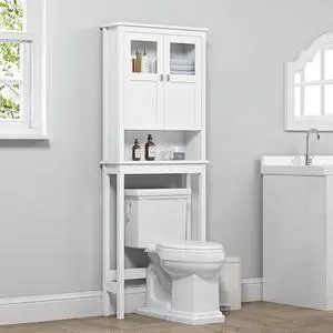 Modern Over-Toilet Storage Cabinet with Tempered Glass Doors, Adjustable Shelf and Anti-Tip Device, Wooden Space-Saving Bathroom Organizer for Tight Spaces White Modern Over-Toilet Storage Cabinet with Tempered Glass Doors, Adjustable Shelf and Anti-Tip Device, Wooden Space-Saving Bathroom Organizer for Tight Spaces White