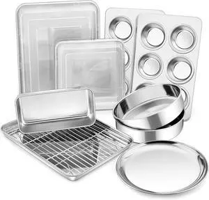12-Piece Stainless Steel Bakeware Set with Baking Sheet, Rack, Lids and Assorted Pans, Oven Dishwasher Freezer Safe for Home Baking and Food Storage 12-Piece Stainless Steel Bakeware Set with Baking Sheet, Rack, Lids and Assorted Pans, Oven Dishwasher Freezer Safe for Home Baking and Food Storage