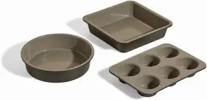 3-Piece Toxin-Free Ceramic Nonstick Bakeware Set, 8 Round & Square Pans with 6-Cup Muffin Pan, Oven Safe to 450°F for Home Baking 3-Piece Toxin-Free Ceramic Nonstick Bakeware Set, 8 Round & Square Pans with 6-Cup Muffin Pan, Oven Safe to 450°F for Home Baking