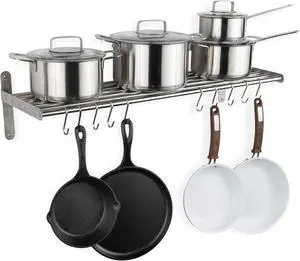 Stainless Steel Wall Mounted Kitchen Storage Shelf with 10 S-Hooks, Heavy Duty Chrome Floating Wall Rack, Space Saving Kitchen Organizer for Hanging Pots Pans Utensils Mugs Stainless Steel Wall Mounted Kitchen Storage Shelf with 10 S-Hooks, Heavy Duty Chrome Floating Wall Rack, Space Saving Kitchen Organizer for Hanging Pots Pans Utensils Mugs