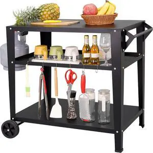 Heavy-Duty 3-Tier Outdoor Grill Cart with Wheels, Rustproof Metal BBQ Prep Table with Tool Hooks, Multipurpose Patio Stand for Griddle and Pizza Oven Heavy-Duty 3-Tier Outdoor Grill Cart with Wheels, Rustproof Metal BBQ Prep Table with Tool Hooks, Multipurpose Patio Stand for Griddle and Pizza Oven