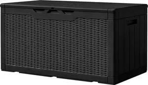 100 Gallon Resin Deck Box Large Outdoor Storage with Imitation Rattan Weave Texture Weatherproof UV Resistant Lockable for Patio Furniture Garden Tools Pool Supplies Dark Black 100 Gallon Resin Deck Box Large Outdoor Storage with Imitation Rattan Weave Texture Weatherproof UV Resistant Lockable for Patio Furniture Garden Tools Pool Supplies Dark Black