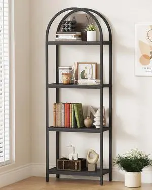 71.3 Inch Tall 4 Tier Arched Open Bookcase Black Particleboard Metal Frame Freestanding Industrial Display Storage Rack for Living Room Bedroom Office 71.3 Inch Tall 4 Tier Arched Open Bookcase Black Particleboard Metal Frame Freestanding Industrial Display Storage Rack for Living Room Bedroom Office