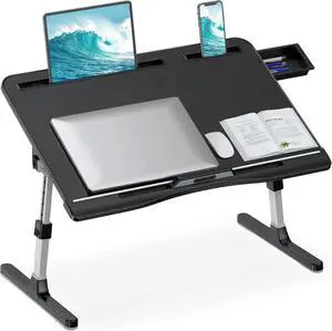 Adjustable Laptop Stand for Bed, Foldable Leather Bed Desk Tray, X-Large 23.6"×15.7" Laptop Table with Drawer for Bed Couch Floor Writing Working Eating (Black) Adjustable Laptop Stand for Bed, Foldable Leather Bed Desk Tray, X-Large 23.6"×15.7" Laptop Table with Drawer for Bed Couch Floor Writing Working Eating (Black)