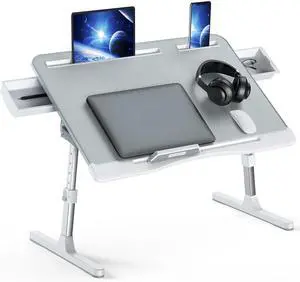 Foldable Adjustable Laptop Bed Tray Desk with 2 Drawers, Sturdy Lap Table with Height & Angle Adjustment for Bed Sofa Couch Floor (Grey) Foldable Adjustable Laptop Bed Tray Desk with 2 Drawers, Sturdy Lap Table with Height & Angle Adjustment for Bed Sofa Couch Floor (Grey)