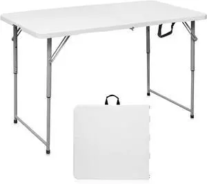 4 Foot Portable Heavy Duty Plastic Folding Table, Fold-in-Half with Carrying Handle, Adjustable Height, Indoor Outdoor Utility Table for Camping and Party, White 4 Foot Portable Heavy Duty Plastic Folding Table, Fold-in-Half with Carrying Handle, Adjustable Height, Indoor Outdoor Utility Table for Camping and Party, White