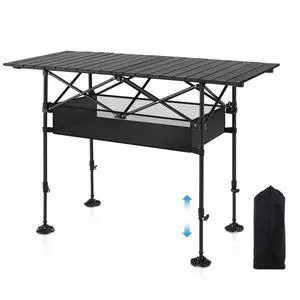 Folding Aluminum Roll-Up Camping Table with Adjustable Height, Portable Picnic Table with Large Storage and Carrying Bag for Camping BBQ Beach Backyard Use Folding Aluminum Roll-Up Camping Table with Adjustable Height, Portable Picnic Table with Large Storage and Carrying Bag for Camping BBQ Beach Backyard Use