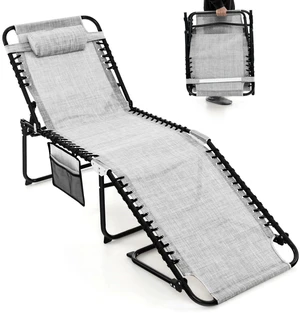 Folding Patio Chaise Lounge Chair, 4-Position Adjustable Backrest & 2-Position Footrest, Side Pocket & Soft Pillow, 265lbs Capacity Tanning Chair for Beach, Poolside, Grey Folding Patio Chaise Lounge Chair, 4-Position Adjustable Backrest & 2-Position Footrest, Side Pocket & Soft Pillow, 265lbs Capacity Tanning Chair for Beach, Poolside, Grey