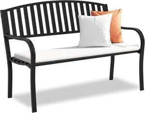 Heavy Duty Wrought Iron Outdoor Bench, Weather Resistant Anti-Rust Metal Patio Bench, Decorative Backrest Garden Bench with Spacious Seat for Porch Backyard Park Yard Heavy Duty Wrought Iron Outdoor Bench, Weather Resistant Anti-Rust Metal Patio Bench, Decorative Backrest Garden Bench with Spacious Seat for Porch Backyard Park Yard