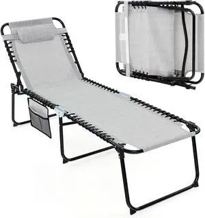 Folding Beach Chaise Lounge Chair, 4-Position Adjustable Backrest, Removable Headrest & Side Pocket, 330lbs Capacity Portable Tanning Chair for Patio, Poolside, Grey Folding Beach Chaise Lounge Chair, 4-Position Adjustable Backrest, Removable Headrest & Side Pocket, 330lbs Capacity Portable Tanning Chair for Patio, Poolside, Grey