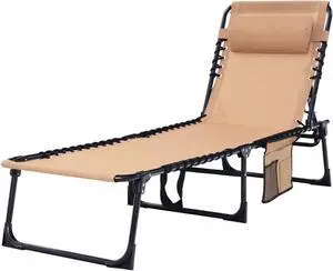 Folding Chaise Lounge Chair Bed, 400lb Capacity Adjustable Recliner, Textilene Fabric with Pillow, Lay Flat Design for Patio Pool Camping Sunbathing, Beige Folding Chaise Lounge Chair Bed, 400lb Capacity Adjustable Recliner, Textilene Fabric with Pillow, Lay Flat Design for Patio Pool Camping Sunbathing, Beige