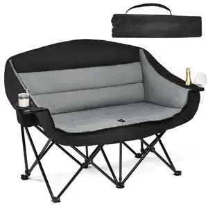 Double Oversized Folding Camping Loveseat Chair for 2 Adults, Heavy Duty Padded Outdoor Lawn Beach Chair with Cup Holders and Carry Bag Supports 600lbs Double Oversized Folding Camping Loveseat Chair for 2 Adults, Heavy Duty Padded Outdoor Lawn Beach Chair with Cup Holders and Carry Bag Supports 600lbs