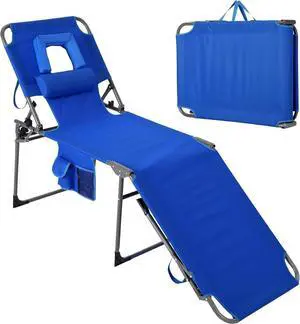 Folding Tanning Chair with Face Hole, 5-Position Adjustable Backrest, Pillow & Side Pocket, Portable Beach Chaise Lounge for Outdoor Poolside, Backyard, Patio, Blue Folding Tanning Chair with Face Hole, 5-Position Adjustable Backrest, Pillow & Side Pocket, Portable Beach Chaise Lounge for Outdoor Poolside, Backyard, Patio, Blue