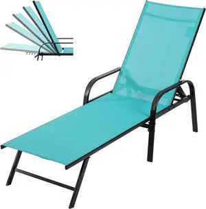 Foldable Chaise Lounge Chair, 5-Position Adjustable Backrest with Armrests, Metal Frame Outdoor Sun Chair for Patio, Backyard, Poolside, Blue Foldable Chaise Lounge Chair, 5-Position Adjustable Backrest with Armrests, Metal Frame Outdoor Sun Chair for Patio, Backyard, Poolside, Blue