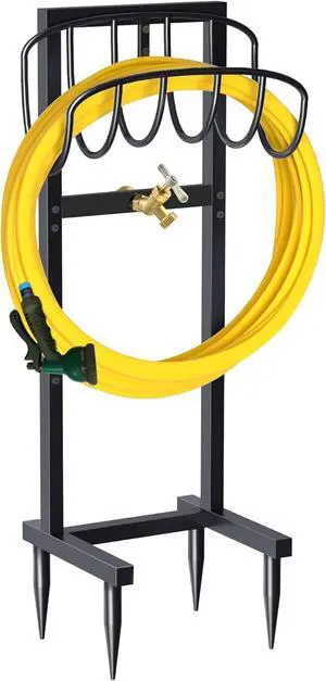Heavy Duty Freestanding Garden Hose Holder with 4 Spikes & Brass Faucet, Metal Water Hose Reel Stand Hanger Rack Organizer Holds 150ft Hose for Outdoor Yard Lawn, Black Heavy Duty Freestanding Garden Hose Holder with 4 Spikes & Brass Faucet, Metal Water Hose Reel Stand Hanger Rack Organizer Holds 150ft Hose for Outdoor Yard Lawn, Black