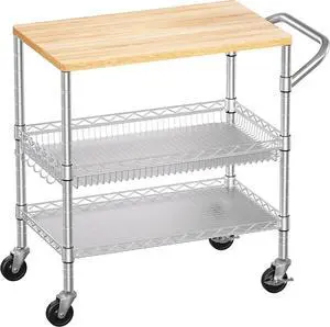 3-Tier Rolling Kitchen Cart with Wooden Tabletop, Heavy Duty Rustproof Utility Cart, Adjustable Shelves, Lockable Wheels and Hooks, Multifunctional Mobile Storage Trolley for Kitchen Restaurant Garage 3-Tier Rolling Kitchen Cart with Wooden Tabletop, Heavy Duty Rustproof Utility Cart, Adjustable Shelves, Lockable Wheels and Hooks, Multifunctional Mobile Storage Trolley for Kitchen Restaurant Garage