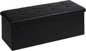 43.3 Inch Folding Faux Leather Storage Ottoman Bench, 550LBS Load Capacity Multipurpose Footrest Seat with Hidden Storage Space, Foldable Storage Chest for Living Room Bedroom Office Hallway, Black 43.3 Inch Folding Faux Leather Storage Ottoman Bench, 550LBS Load Capacity Multipurpose Footrest Seat with Hidden Storage Space, Foldable Storage Chest for Living Room Bedroom Office Hallway, Black