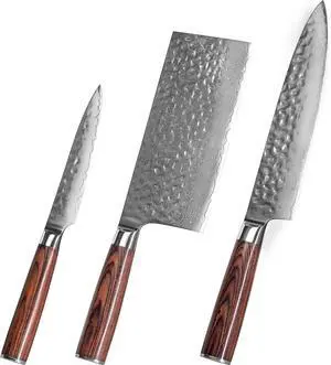 3-Piece Damascus Kitchen Knife Set, Premium 67-Layer Steel Blades with 15° V-Shaped Sharp Edge, Includes Chef Knife, Cleaver and Paring Knife for Multipurpose Kitchen Food Cutting Prep 3-Piece Damascus Kitchen Knife Set, Premium 67-Layer Steel Blades with 15° V-Shaped Sharp Edge, Includes Chef Knife, Cleaver and Paring Knife for Multipurpose Kitchen Food Cutting Prep