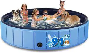 91 Foldable Dog Pool for Large Dogs, Collapsible Hard-Side Swimming Pool, Leakproof PVC Portable Pet Bath Tub & Kiddie Pool, Non-Slip Bottom, Indoor & Outdoor, Blue 91 Foldable Dog Pool for Large Dogs, Collapsible Hard-Side Swimming Pool, Leakproof PVC Portable Pet Bath Tub & Kiddie Pool, Non-Slip Bottom, Indoor & Outdoor, Blue