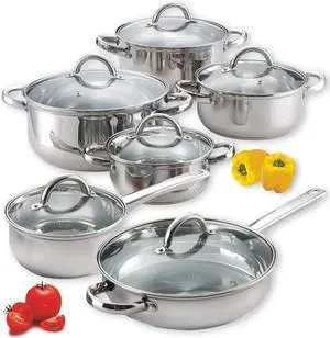 12-Piece Basic Stainless Steel Cookware Set with Glass Lids, Induction Compatible Oven Safe Stackable Pots and Pans for Kitchen and Outdoor Cooking 12-Piece Basic Stainless Steel Cookware Set with Glass Lids, Induction Compatible Oven Safe Stackable Pots and Pans for Kitchen and Outdoor Cooking
