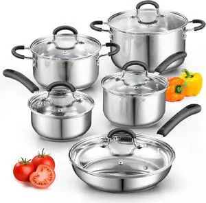 10-Piece Stainless Steel Cookware Set with Encapsulated Bottoms, Stay-Cool Handles and Glass Lids, Induction Compatible Oven and Dishwasher Safe 10-Piece Stainless Steel Cookware Set with Encapsulated Bottoms, Stay-Cool Handles and Glass Lids, Induction Compatible Oven and Dishwasher Safe
