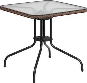28 Inch Square Tempered Glass Table, All Weather Metal Frame Dining Table with Decorative Rattan Edge, Protective Foot Pad Leisure Table for Indoor Outdoor Patio Bistro Home Use 28 Inch Square Tempered Glass Table, All Weather Metal Frame Dining Table with Decorative Rattan Edge, Protective Foot Pad Leisure Table for Indoor Outdoor Patio Bistro Home Use