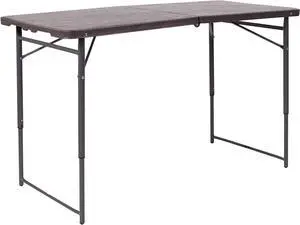 4-Foot Height Adjustable Bi-Fold Folding Table, Brown Wood Grain Plastic Top with Carrying Handle, Indoor Outdoor Utility Table 4-Foot Height Adjustable Bi-Fold Folding Table, Brown Wood Grain Plastic Top with Carrying Handle, Indoor Outdoor Utility Table
