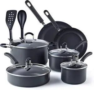 12-Piece Hard Anodized Nonstick Cookware Set with Stay-Cool Handles, Oven Safe Dishwasher Safe Pots and Pans for Kitchen Cooking 12-Piece Hard Anodized Nonstick Cookware Set with Stay-Cool Handles, Oven Safe Dishwasher Safe Pots and Pans for Kitchen Cooking
