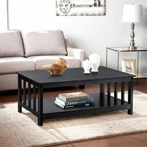 Mission Style Coffee Table 40 Inch Black Wooden Center Table with Open Storage Shelf Solid Wood Frame Stable Rectangular Accent Table for Living Room Indoor Home Furniture Mission Style Coffee Table 40 Inch Black Wooden Center Table with Open Storage Shelf Solid Wood Frame Stable Rectangular Accent Table for Living Room Indoor Home Furniture