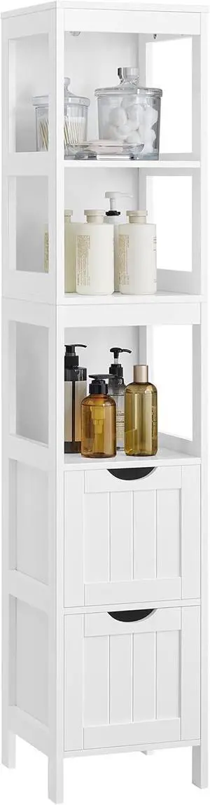 55.7 Inch Tall Bathroom Floor Cabinet, Multifunctional Corner Storage Organizer Rack with 2 Drawers & 3 Open Shelves, Freestanding Slim Unit for Bathroom Living Room, White 55.7 Inch Tall Bathroom Floor Cabinet, Multifunctional Corner Storage Organizer Rack with 2 Drawers & 3 Open Shelves, Freestanding Slim Unit for Bathroom Living Room, White