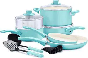 12-Piece Healthy Ceramic Nonstick Cookware Set with Soft Grip Handles, Recycled Aluminum PFAS-Free Dishwasher Safe Turquoise Kitchen Pots and Pans 12-Piece Healthy Ceramic Nonstick Cookware Set with Soft Grip Handles, Recycled Aluminum PFAS-Free Dishwasher Safe Turquoise Kitchen Pots and Pans