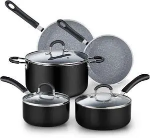 8-Piece Marble Nonstick Cookware Set with Glass Lids and Stay-Cool Handles, Heavy Gauge Aluminum Pots and Pans for All Stovetops, Oven Safe 8-Piece Marble Nonstick Cookware Set with Glass Lids and Stay-Cool Handles, Heavy Gauge Aluminum Pots and Pans for All Stovetops, Oven Safe
