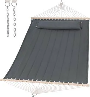 2 Person Quilted Hammock, Extra Large Portable Outdoor Indoor Hammock with Hardwood Spreader Bar, Soft Pillow and Thickened Polycotton Ropes, Heavy Duty Supports 475lbs for Yard Patio Camping, Gray 2 Person Quilted Hammock, Extra Large Portable Outdoor Indoor Hammock with Hardwood Spreader Bar, Soft Pillow and Thickened Polycotton Ropes, Heavy Duty Supports 475lbs for Yard Patio Camping, Gray