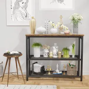 32 Inch Narrow Industrial Console Table, Rustic Wood Top Sofa Table with Double Mesh Storage Shelves, Sturdy Metal Frame Multifunctional Accent Table for Entryway Hallway Foyer Living Room Kitchen 32 Inch Narrow Industrial Console Table, Rustic Wood Top Sofa Table with Double Mesh Storage Shelves, Sturdy Metal Frame Multifunctional Accent Table for Entryway Hallway Foyer Living Room Kitchen