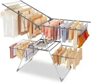 2-Tier Foldable Stainless Steel Clothes Drying Rack with 33 Rails, Height Adjustable Collapsible Laundry Stand 56.1" L × 22.7" W, Space Saving Gray Dryer Rack for Indoor Outdoor 2-Tier Foldable Stainless Steel Clothes Drying Rack with 33 Rails, Height Adjustable Collapsible Laundry Stand 56.1" L × 22.7" W, Space Saving Gray Dryer Rack for Indoor Outdoor