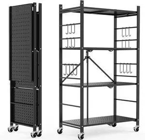 4-Tier Foldable Metal Storage Shelves with 20 Hooks Lockable Wheels and Adjustable Feet No Assembly Rolling Shelving Unit 13.4"x27"x46" Black for Kitchen Garage Pantry Home 4-Tier Foldable Metal Storage Shelves with 20 Hooks Lockable Wheels and Adjustable Feet No Assembly Rolling Shelving Unit 13.4"x27"x46" Black for Kitchen Garage Pantry Home