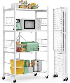 4-Tier Foldable Metal Storage Shelves with 20 Hooks Wheels and Adjustable Feet No Assembly Rolling Shelving Unit 13.4"x27"x46" White for Kitchen Garage Pantry Home 4-Tier Foldable Metal Storage Shelves with 20 Hooks Wheels and Adjustable Feet No Assembly Rolling Shelving Unit 13.4"x27"x46" White for Kitchen Garage Pantry Home
