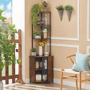 Tall 6-Tier Corner Storage Shelf with Cabinet, Fan-Shaped Display Rack with Metal Frame for Living Room Kitchen Balcony Small Spaces Tall 6-Tier Corner Storage Shelf with Cabinet, Fan-Shaped Display Rack with Metal Frame for Living Room Kitchen Balcony Small Spaces