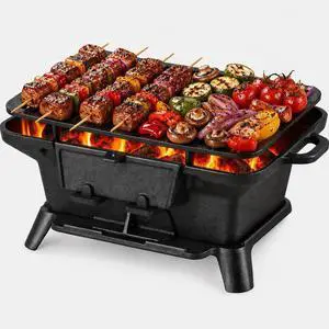 Pre-Seasoned Cast Iron Portable Hibachi Charcoal Grill, Compact Japanese Tabletop Yakitori Grill with Side Handles, Mini Outdoor Cooking Stove for Camping Picnic Backyard BBQ Pre-Seasoned Cast Iron Portable Hibachi Charcoal Grill, Compact Japanese Tabletop Yakitori Grill with Side Handles, Mini Outdoor Cooking Stove for Camping Picnic Backyard BBQ