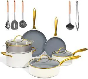 14-Piece Ceramic Nonstick Cookware Set, PFOA PFOS Free Non Toxic Pots and Pans with Silicone Utensils, Even Heat Induction Compatible Cooking Set, Cream Gold Hardware Kitchen Cookware 14-Piece Ceramic Nonstick Cookware Set, PFOA PFOS Free Non Toxic Pots and Pans with Silicone Utensils, Even Heat Induction Compatible Cooking Set, Cream Gold Hardware Kitchen Cookware