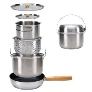 304 Stainless Steel Camping Cookware Set with Travel Tote Bag, Stackable Pots Pan Kettle Colander for 4-6 People, Outdoor Campfire Cooking Picnic Kitchen Gear 304 Stainless Steel Camping Cookware Set with Travel Tote Bag, Stackable Pots Pan Kettle Colander for 4-6 People, Outdoor Campfire Cooking Picnic Kitchen Gear