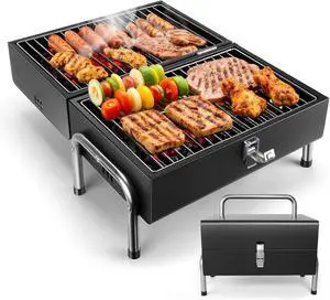 Portable Tabletop Charcoal Grill with 270 Sq.In. Double-Sided Cooking Surface, Heavy Duty Iron Small BBQ Grill for Outdoor Camping Beach Backyard Use Portable Tabletop Charcoal Grill with 270 Sq.In. Double-Sided Cooking Surface, Heavy Duty Iron Small BBQ Grill for Outdoor Camping Beach Backyard Use
