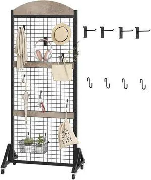 5.7 x 2 Movable Grid Wall Panel Display Rack with Wheels, Floorstanding Wire Grid Stand with 4 S-Shaped Hooks & 4 Garment Hooks, Greige & Black 5.7 x 2 Movable Grid Wall Panel Display Rack with Wheels, Floorstanding Wire Grid Stand with 4 S-Shaped Hooks & 4 Garment Hooks, Greige & Black